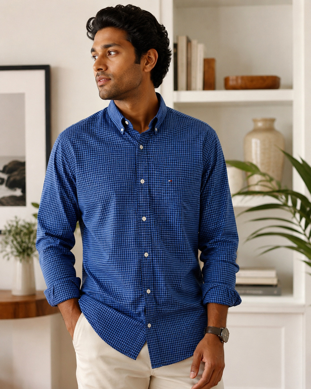 Tommy Hilfiger Classic Fit Blue Micro Check Button-Down Shirt Men XL Cotton